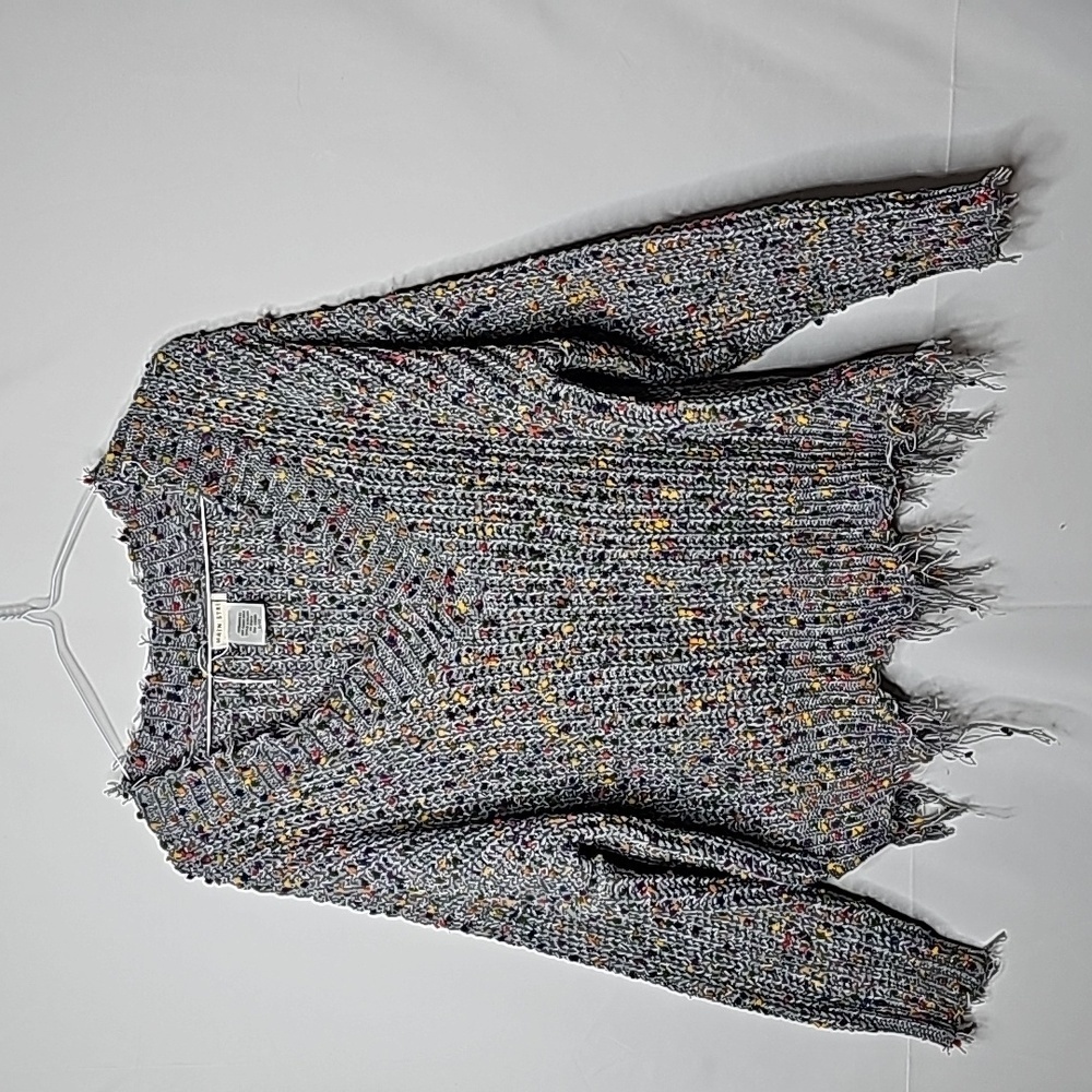 NWOT Main Strip gray grey vneck raw hem fringe sweater fun colors sz Small